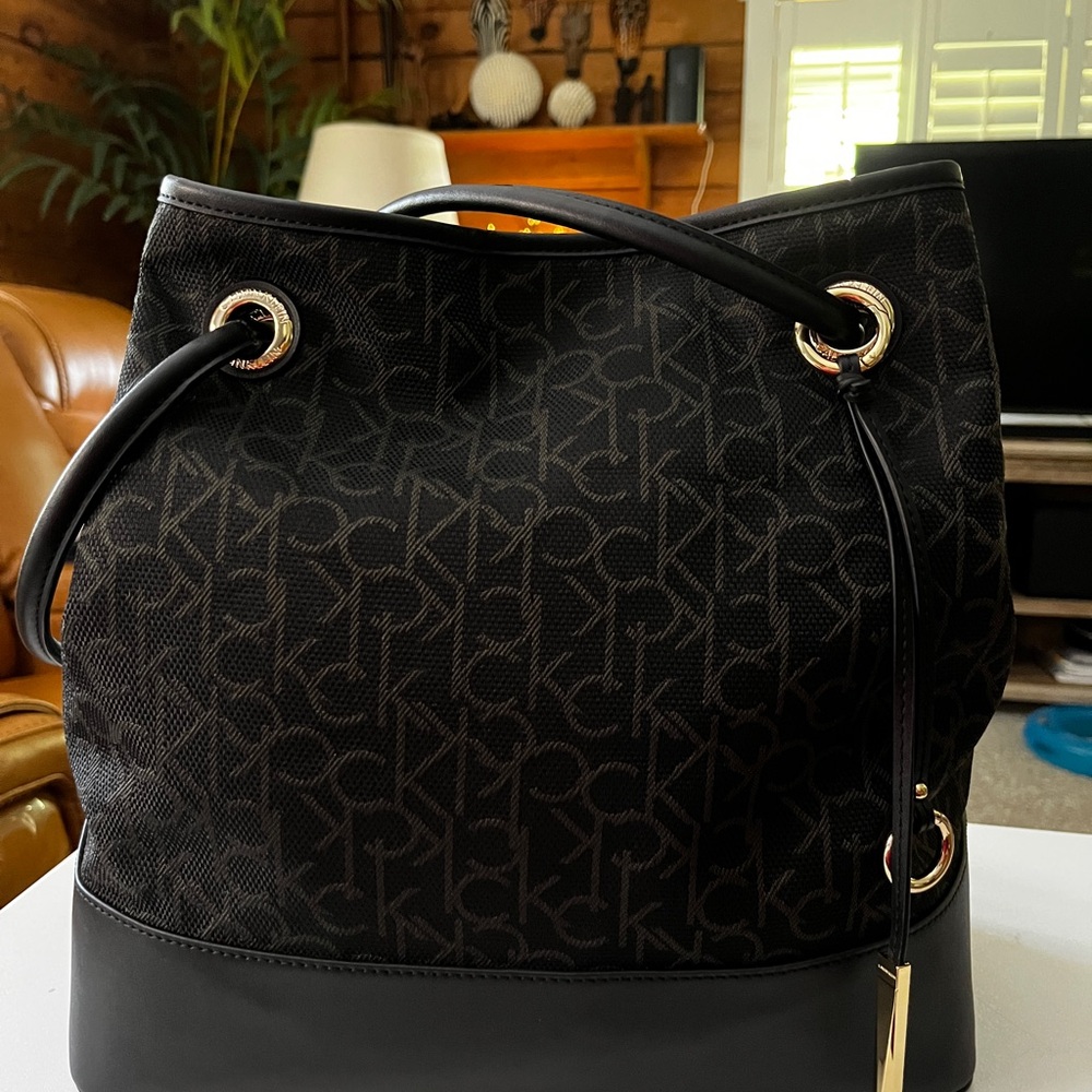 Calvin Klein Black CK Monogram Drawstring Hobo Bag Medium/Large